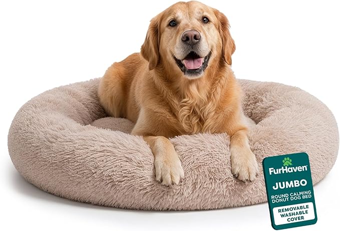 Furhaven 45" Round Calming Donut Dog Bed for Large Dogs, Refillable w/ Removable Washable Cover, For Dogs Up to 90 lbs - Shaggy Plush Long Faux Fur Donut Bed - Taupe, Jumbo/XL