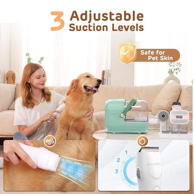 Dog Grooming Vacuum Kit - 3L Vacuum with 7 Tools, Low Noise Electric Clipper and Brush for Pet Shedding at Home, Green