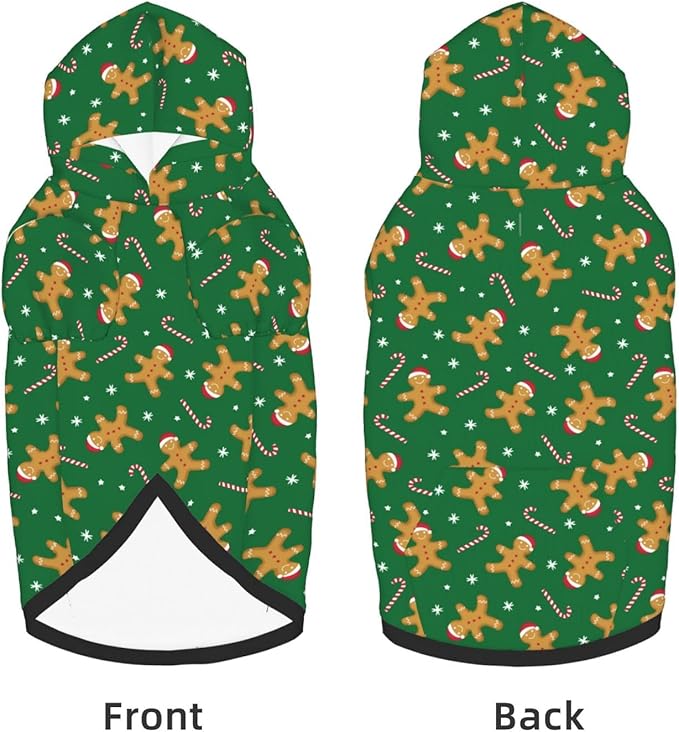 Green Christmas Gingerbread Men Candies Hoodie,Christmas Cosplay Dog Clothes with Pocket and Hat Winter Clothes Sweaters XXX-Large