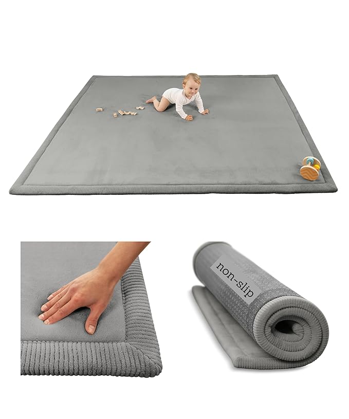 Premium Baby Playmat for Floor 60" x 80" Dark Gray – Cloudsoft Coral Velvet Memory Foam Rug for Crawling – Non-Slip, Water-Resistant, Non-Toxic, Easy-Care Muscle Mat – Thick Play Mat for Baby