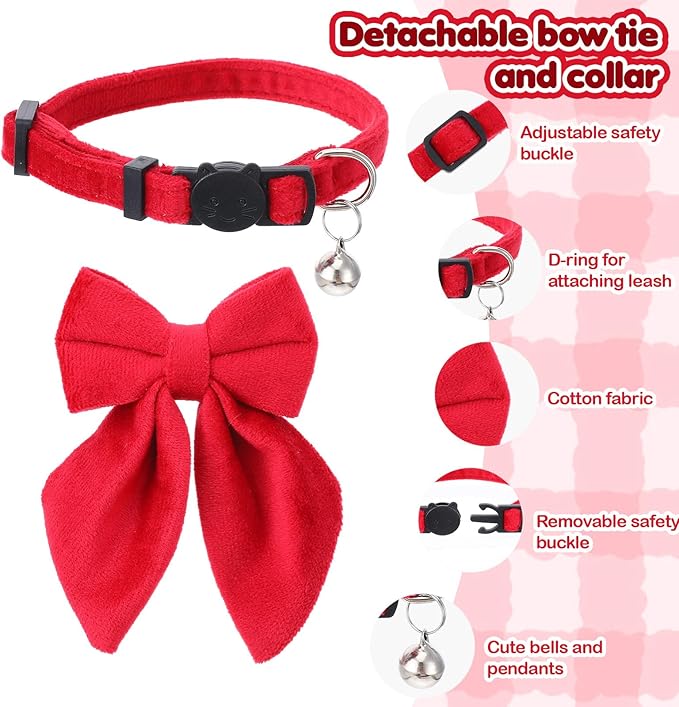 2Pcs Cat Collars for Girl Cats Breakaway Pink Cat Collar with Removable Bow Adjustable Kitten Collar with Bell for Cute Kitten Girl Cats （Pink Red）