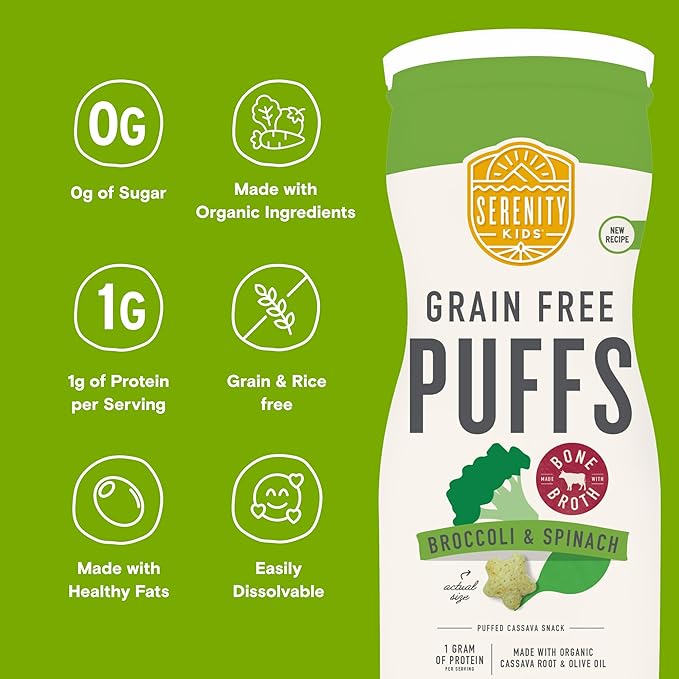 Serenity Kids 6+ Months Baby Veggie Puffs Toddler Snacks - Grain & Gluten-Free No Added Sugar - Organic Cassava Broccoli & Spinach - 1.5 Oz, 6 Pack