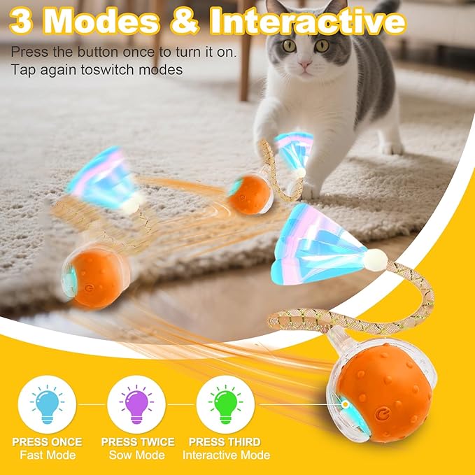 Interactive Cat Toys Ball for Indoor Cats,Automatic Cat Toy with Elastic Mesh Tail,Rechargeable Rolling Kitten Toy,Cat Enrichment Toys for Indoor Cats (Red1, Cat Toy Ball)