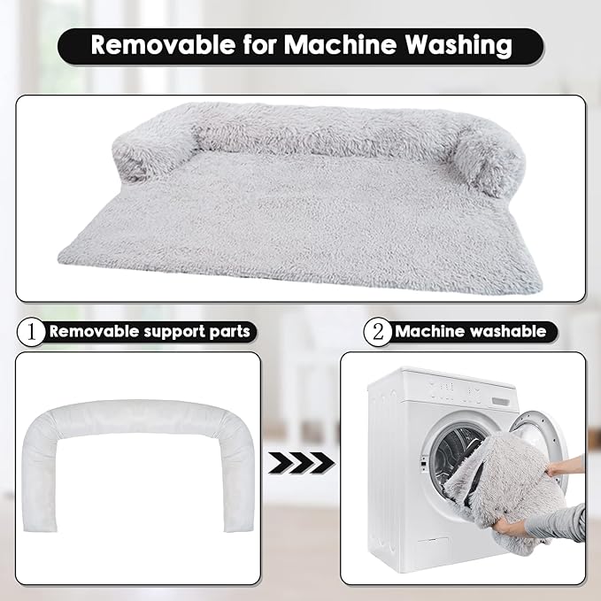 X-Large Washable Removable Calming Dog Bed,Fluffy Plush Dog Couch Bed,Couch Cover for Dogs with Dogs Landing Furniture Protector,Dog Beds for Extra Large Dogs and Cats.(XL(45x37x6),Light Grey)