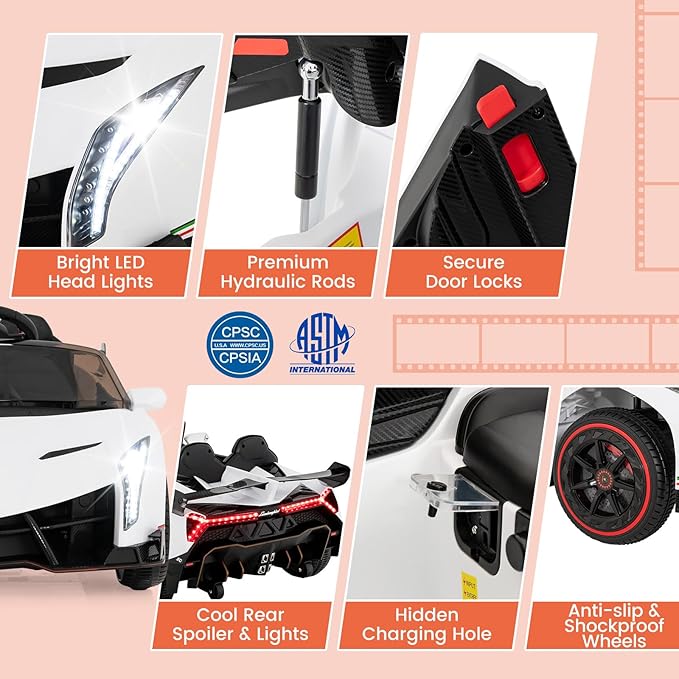 Costzon Ride on Car, Lamborghini Licensed 12V Battery Powered 4WD Sports Car with Remote Control, 3 Speeds, Hydraulic Doors, LED Lights, Towing Wheel, Horn, Music, Electric Vehicle for Kids Aged 3-8