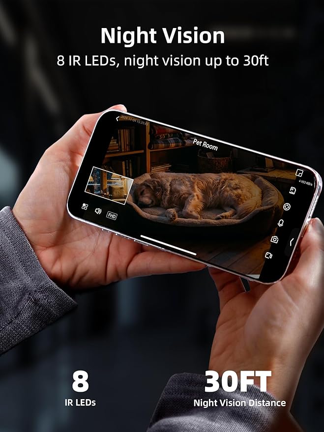 VIRTAVO Indoor Pet & Baby Camera, No Subscription Required, Dual-Lens 360° PTZ, Motion Tracking, 2-Way Audio, Night Vision, Cloud/SD Storage, Phone App, WiFi, 4-Pack, Power Adapter Included
