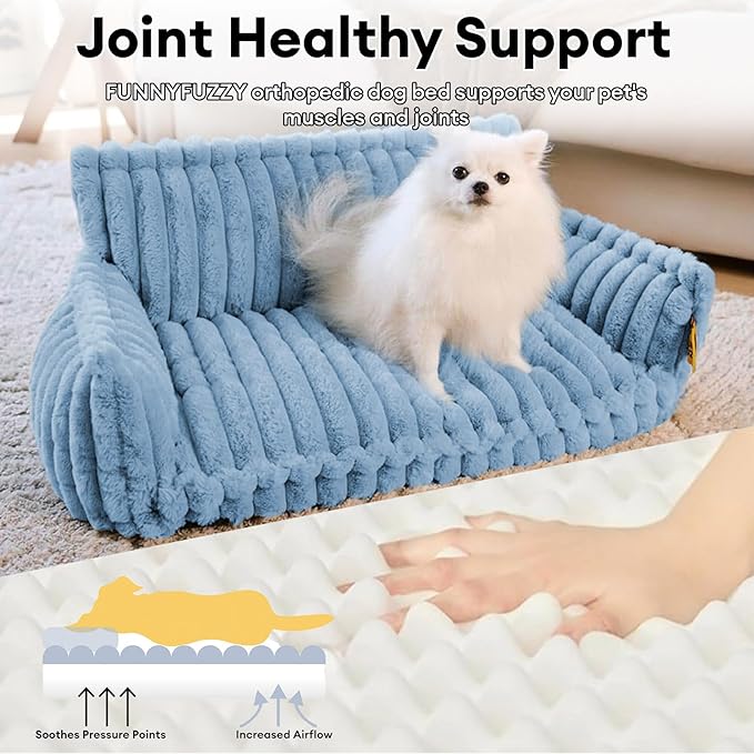 FUNNY FUZZY Dog Bed Orthopedic & Fluffy Dog Couch Bed, Corduroy Fleece Pet Beds Washable, Supportive Foam Pet Sofa Bed with Removable Zipper Cover - Snoozy Dream, Blue, XXL