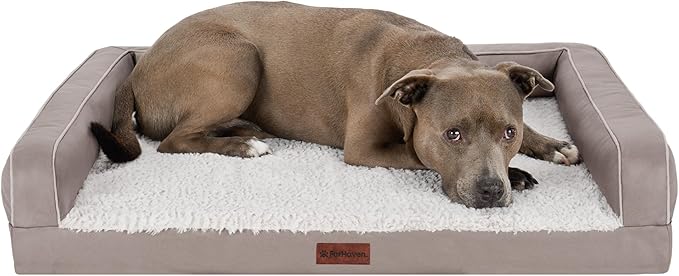 Furhaven Cooling Dog Sofa Bed – Memory Foam Couch with Bolsters, Textured Plush & Water-Resistant Cover, Washable Cover - Greige, Large
