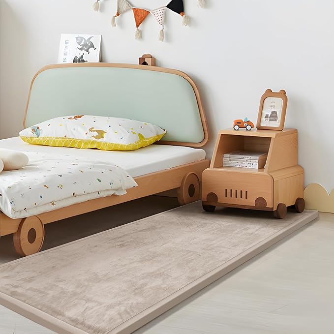 Play Mat for Babies Toddlers,1.3" Thick Elasti-Foam Anti-Fall Cushion Mat for Kids Room,28×72 Bedroom Bedside Rugs,Water-Repellent Soft Coral Velvet,Non-Slip(Beige)