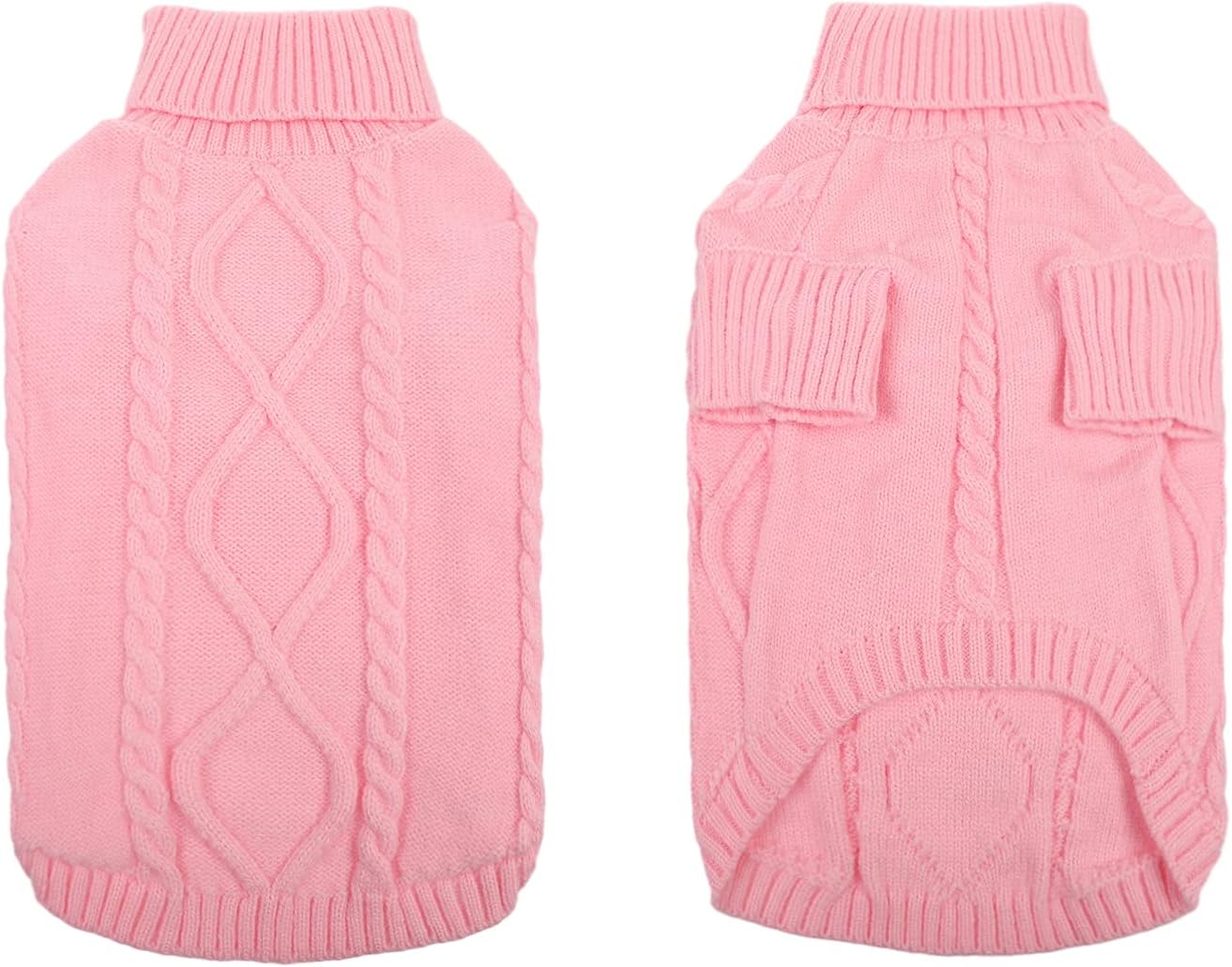 Queenmore Small Dog Pullover Sweater, Cold Weather Cable Knitwear, Classic Turtleneck Thick Warm Clothes for Chihuahua, Bulldog, Dachshund, Pug, Yorkie (Pink, Large)