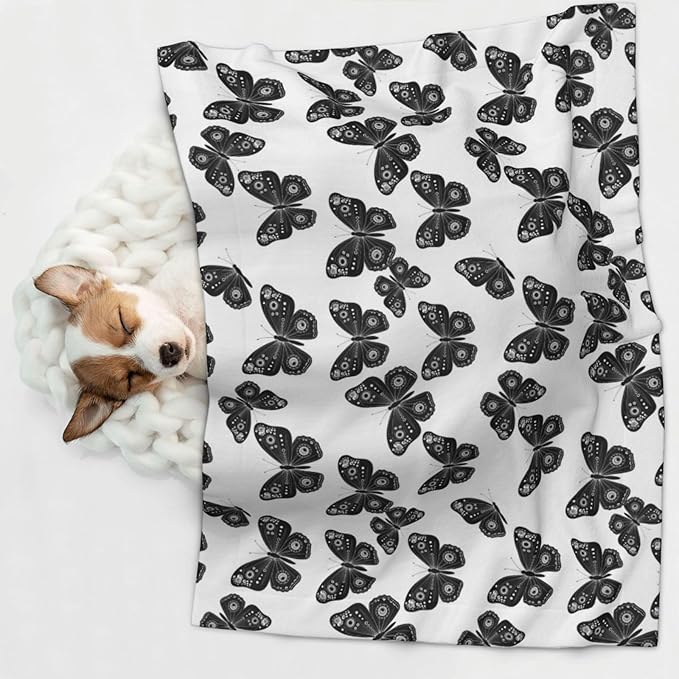 Reversible Plush Throw for Dogs and Cats, Butterflies Black and White, Double Sided Blanket with Nubby Dot Side and Sleek Side Ideal for Cuddling Nesting Security