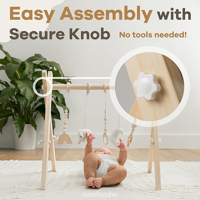 Comfy Cubs Wooden Baby Play Gym - Natural Finish Pinewood Baby Activity Gym with 5 Sensory Hanging Toys - Easy No-Tool Assembly, Safe and Durable for Infant Motor and Visual Development - Natural Wood