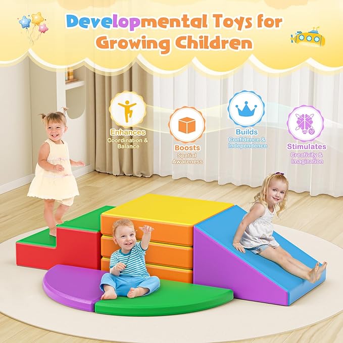 Lischwert Foam Climbing Blocks for Toddlers 1-3, 5pcs Foldable Soft Play Set with Crawling Exploration Toys - Indoor Infant Safe Blocks for Baby Gym & Toddler Playground