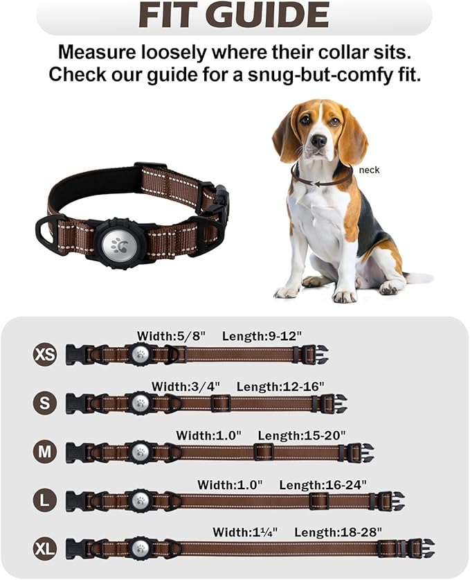 TagME Airtag Dog Collar,Waterproof Reflective Pet Collar with Airtag Holder,Soft Padded and Double D-Rings for Small Dogs,Brown