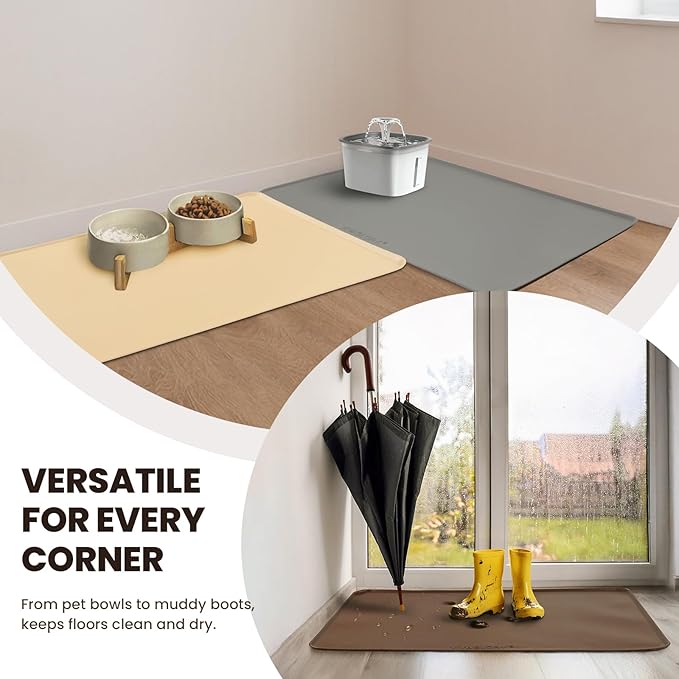 VIVAGLORY Dog Food Mat Flexmat Dog Bowl Mat, Placemat Food Tray with Raised Edges & Lip for Indoor Floor, Non Slip Waterproof Silicone Dish Placemat for Cat & Pet, S, Beige Yellow