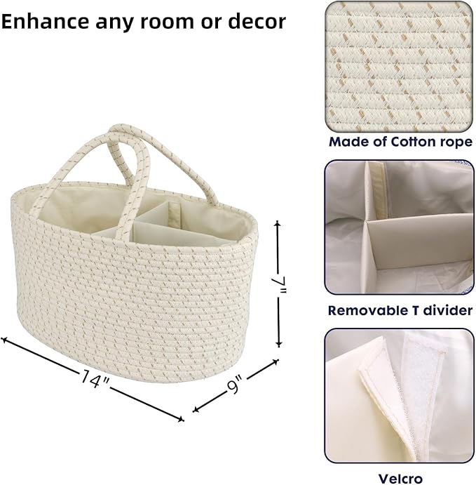Diaper Caddy Organizer Cotton Rope Baby Basket Nursery Storage and Portable Tote Bag for Car Ideal Baby Shower Gifts and Registry Must-Have for Newborn Essentials striped