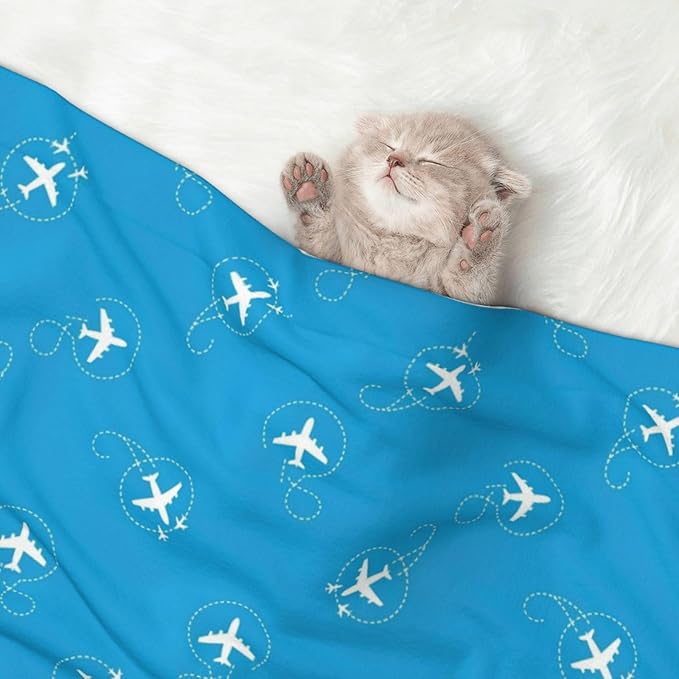 Pet Blanket for Indoor Outdoor Use, Aircraft Airplane Pattern Navy Blue, Two Sided Reversible Plush Mat with Bumpy Dot Texture for Patios Crates Portable Bed Companion