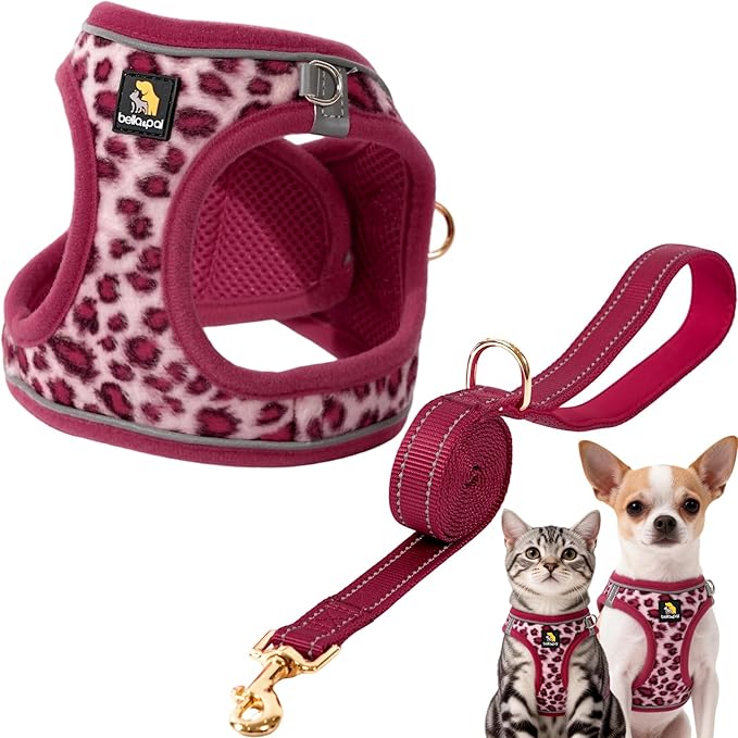 BELLA & PAL Step in Vest Harness for Small and Medium Dogs, No Pull Small Dog Harness with Leash Set, Comfortable Air Mesh Dog Vest Harness with Reflective Strip (Pink Leopard, XS)