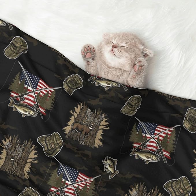 Dog Cat Blanket Double Sided, Hunting Deer Bass Fishing Lure Camo Camouflage American Flag Black, Plush with Raised Dot Pattern and Smooth Reverse for Cuddling
