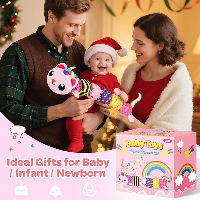 Baby Sensory Toys 0-6 6-12 Months, Musical Animal Stuffed Plush Unicorn Cat Toy for Infant 0-3-6 Months & Up, Tummy Time with Mirror Crinkle Rattle, Christmas Baby Shower Gifts for Newborn Boys Girls