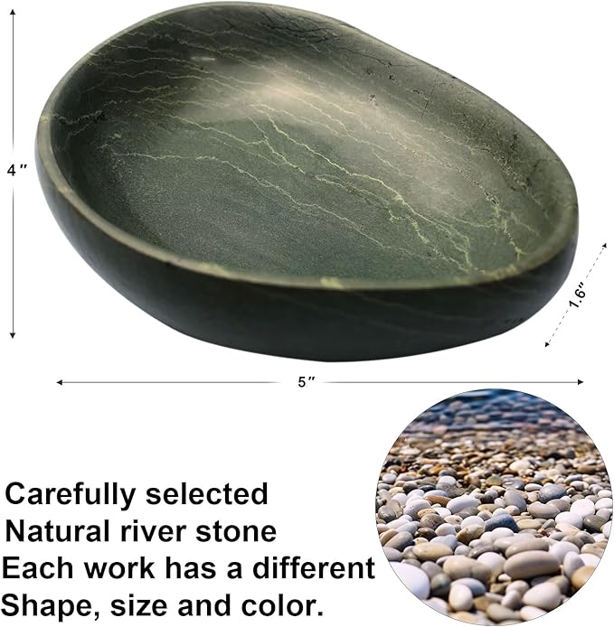 Natural River Stone Reptile Food Bowl - Handmade Pebble Dish for Reptiles, Amphibians, Hedgehogs, and Small Pets - Unique Size, Shape & Color - Water & Food Bowl (Green)
