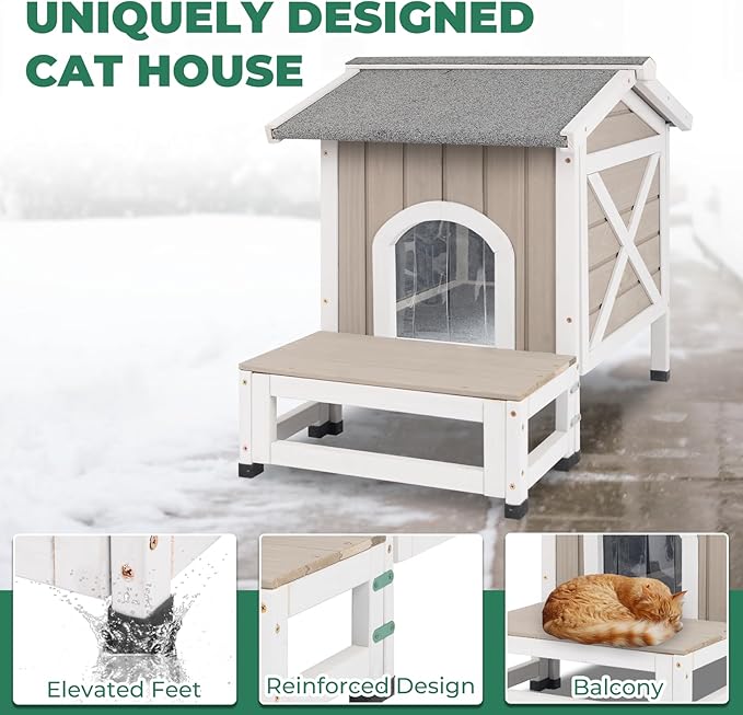 Small Insulated Cat House, Wood Outdoor Cat House Weatherproof with Cat Scratching Cloth, 2 Doors, Balcony, Outside Indoor Clawsable Pet Houses Feral Cats Shelter for Winter, Grey