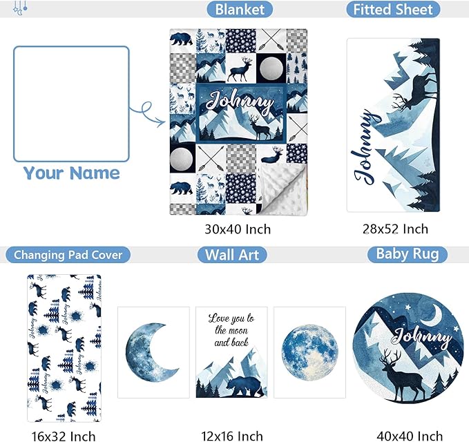Custom 5-Piece Baby Crib Bedding Set, Personalized Name for Toddlers, Blue Deer Nursery Set for Boy Girl, Double Layer Infant Crib Set, Customized Gifts
