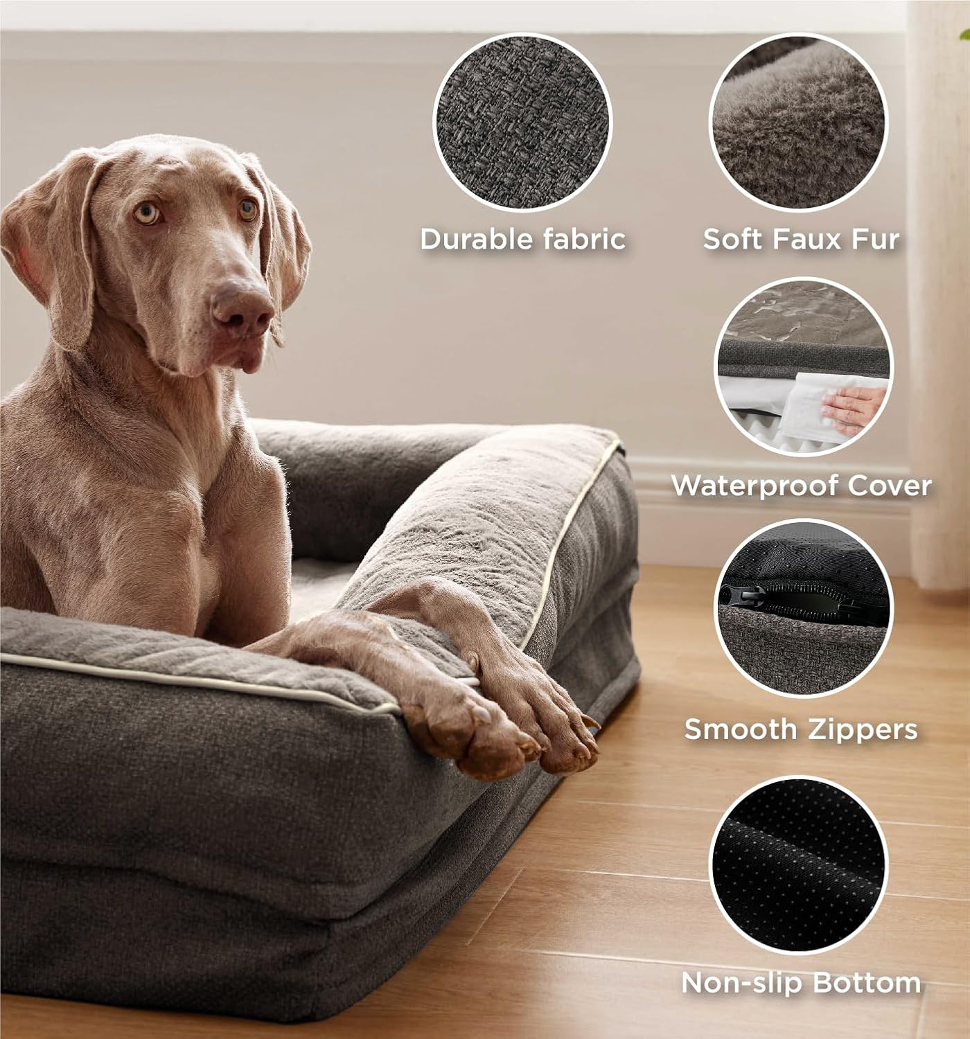 Made4Pets Orthopedic Dog Bed for Large Dogs, Supportive Foam Big Large Pet Bed Sofa with Washable Removable Cover, Waterproof Dog Couch Bed, Non-Slip Bottom and Egg-Crate Foam, Brown