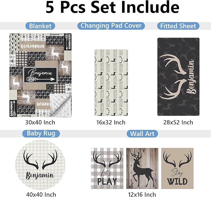 Personalized Woodland Deer Crib Set - 5 Pcs Nursery Bedding Set With Double Layer, Soft Bedding Sets For Boys, Girls, Toddlers, Infants