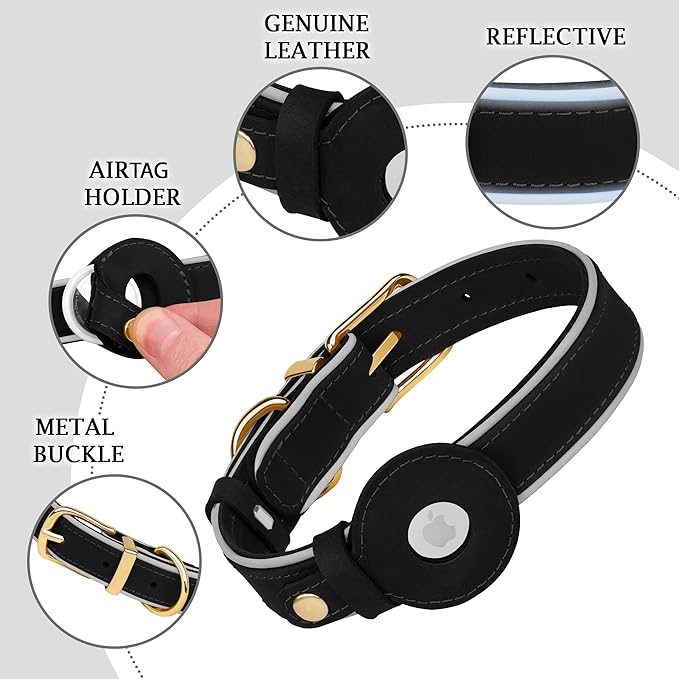 OOPSDOGGY Reflective Geniune Leather Airtag Dog Collar Soft Padded Collars for Small Medium Large Breed Dogs Puppy, 4 Sizes, 7 Colors (Black, XLarge, 19"-24")