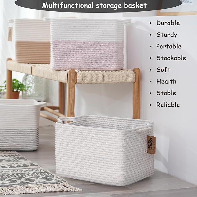 COMFY-HOMI 3PACK Cotton Rope Square Basket with Handles for Shelves|Dog Toy Basket Bin and Storage|Baby Basket for Gif|Shoe basket for Organizing|New13.5" x 11" x 9.5" for Living Room（All White）