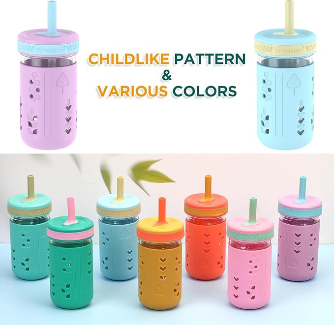 Tronco 12 oz Glass Sippy Cup for Kids & Toddlers | Mason Jar Smoothie Cups with Spill-Proof Silicone Straws, Non-Slip Silicone Sleeves & Lids, BPA-Free Snack Cups, Dishwasher Safe