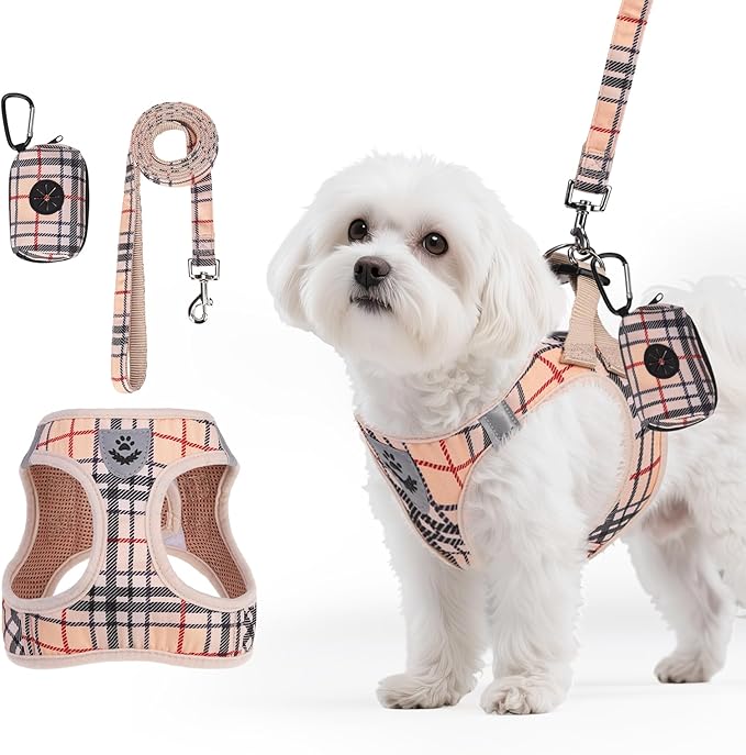 PAWCHIE Dog Harness and Leash Set, Step in No Pull Soft Pet Harness, Reflective Adjustable Puppy Vest for Small Medium Dogs Cats, No Choke Harness Vest with Poop Bag Holder for Walking,Running,Beige M