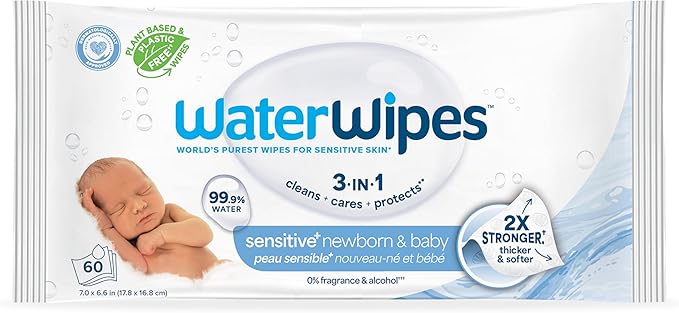 WaterWipes Sensitive+ Newborn & Baby Wipes, 3-In-1 Cleans, Cares, Protects, 99.9% Water, Unscented & Hypoallergenic, 60 Count