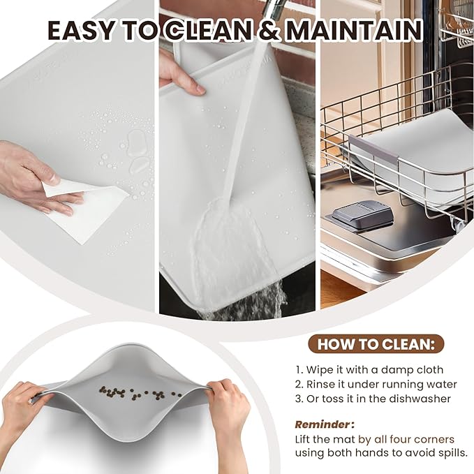 VIVAGLORY Dog Food Mat Flexmat Dog Bowl Mat, Placemat Food Tray with Raised Edges & Lip for Indoor Floor, Non Slip Waterproof Silicone Dish Placemat for Cat & Pet, S, Light Grey