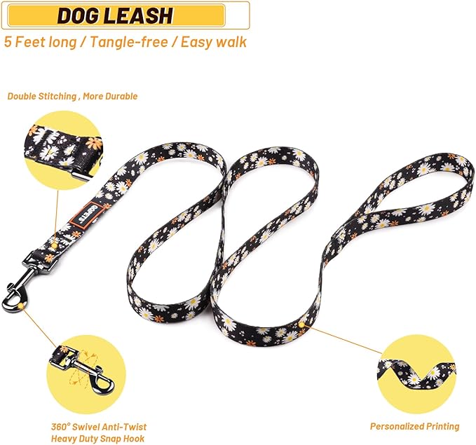 QQPETS Dog Harness Leash Set Adjustable Heavy Duty No Pull Halter Harnesses for Small Medium Large Breed Dogs Back Clip Anti-Twist Perfect for Walking (XS(12"-18" Chest Girth), White Daisy)