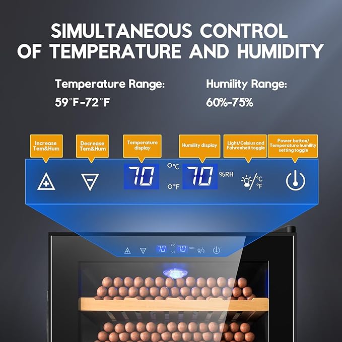 Tylza Cigar Humidor Cabinet 70L, Temp & Humidity Control Electric Humidors for Cigars, 486 Cigars, Digital Hygrometer, Safety Lock, Cigar Humidors with Cedar Wood Drawer Shelves, Cigar Gifts for Men
