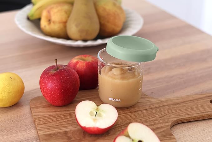BEABA 8 oz Glass Baby Food Jars with Soft Silicone Air Tight Lids, Glass Storage Containers with Lids, Microwave and Freezer Safe Containers, Sage