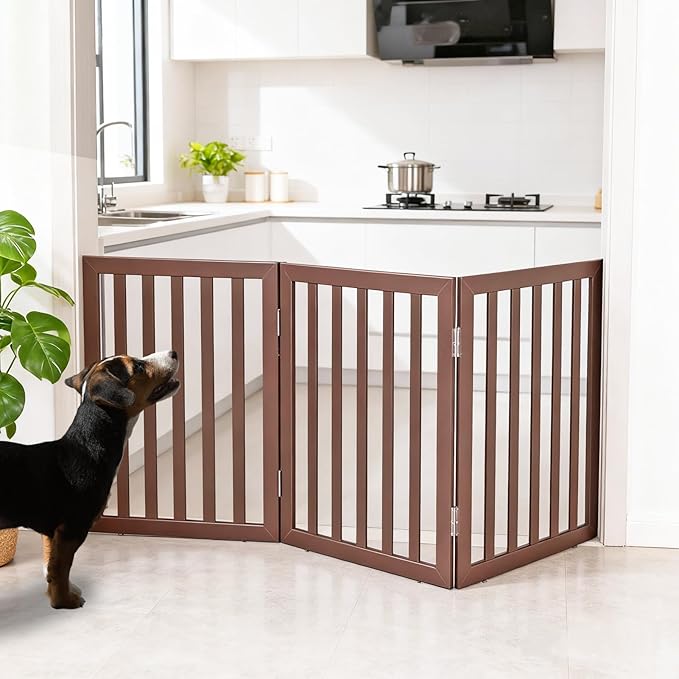 ZJSF Freestanding Indoor Dog Gate for House Foldable Wood Brown Puppy Gate for Doorways Pet Gate for Stairs Extra Wide Pet Fence 32" Height 3 Panels