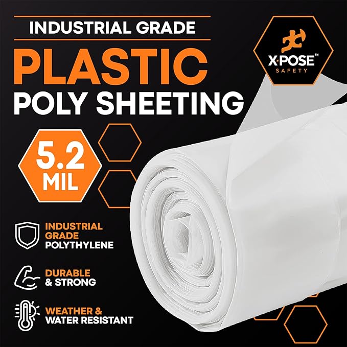 Xpose Safety Clear Plastic Sheeting 5 Pack – 10' x 100' Rolls – Heavy Duty 5.2 Mil Poly Sheet – Waterproof, Dustproof, Vapor Barrier – for Construction, Painting, Industrial Use