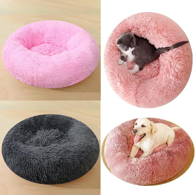 Calming Dog & Cat Bed, 24 Inch Anti-Anxiety Donut Cuddler Cat Bed with Anti-Slip Bottom, Washable Round Fluffy Pet Bed for Small Medium Dogs and Cats (Coffee)