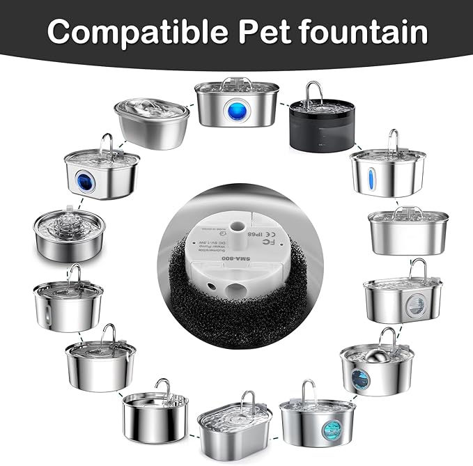 Cat Water Fountain Pump,Cat Fountain Pumps Replacement SMA-800 Submersible Motor for Pet Water Fountain and Stainless Steel Cat Water Dispenser (Pump With Brush)