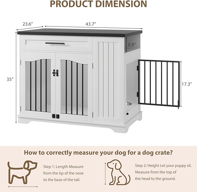 Dog Crate, 44 Inch Dog Crate Furniture End Table, Built-in Feeder Dog Kennel Indoor Kennel, Drawer Storage Small Dog Crate Dog Kennel Furniture Large Dog Crate, White + Walnut Wood