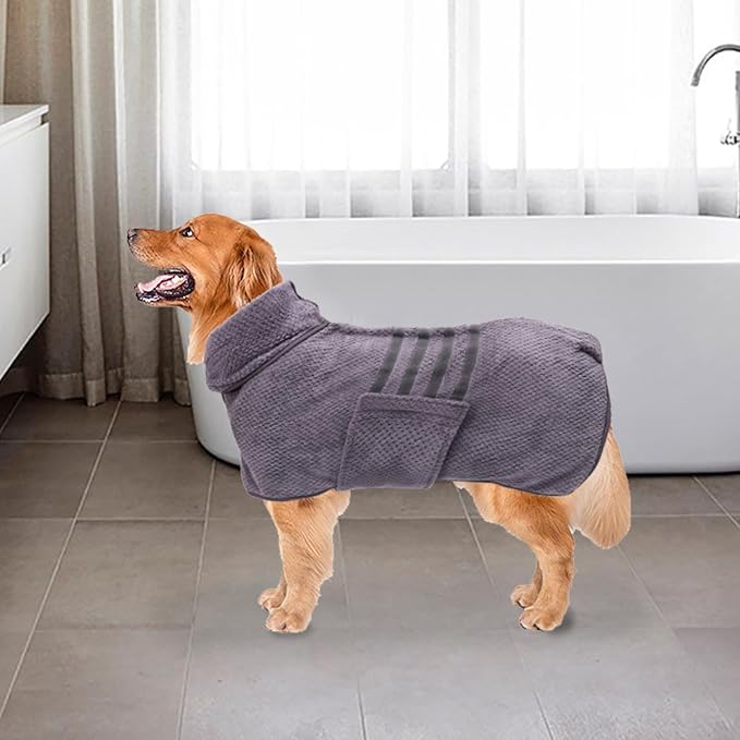 Geyecete Pineapple Grid Fast Drying Super Absorbent Dog Cat Bath Robe Towel - Gray - XXL