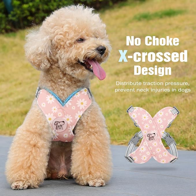Pawaboo Small Dog Harness and Leash Set, Puppy Harness X-Frame No Pull No Choke, Dog Vest Harness Adjustable for Small Medium Sized Dogs,Soft Breathable Pet Harness for Walking Outing, S, Pink Daisy