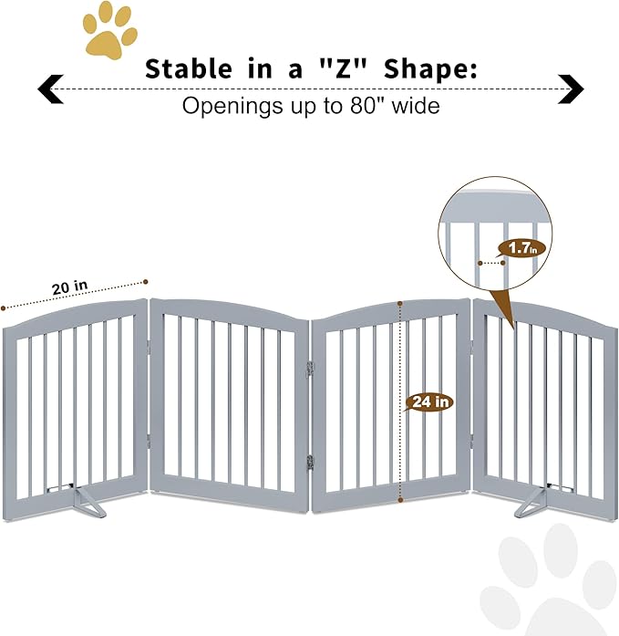 Freestanding Pet Gate for Dogs, Foldable Wooden Dog Gate for House, Indoor Dog Gate for Stair, Doorway, Gates for Dogs Indoor, 80 Inch Wide, 4 Panels 24", Grey