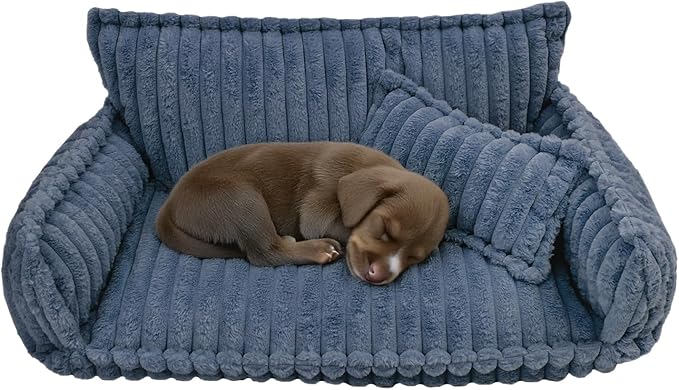 Pet Couch Bed for Dog and Cat, Plush Calming Couch for Pets with Removable Washable Cover, Modern Sofa Style Pet Bed for Home Living Room (Dark Blue)