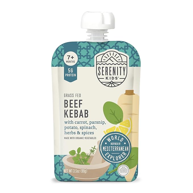 Serenity Kids 7+ Months World Explorers Beef Kebab Baby Food Pouches - Grass-Fed Beef & Organic Veggies - BPA-Free Baby Snack - Ages 7+ Months - 3.5 Oz 6 Pack