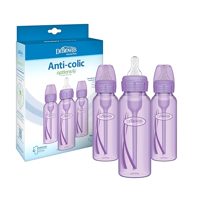 Dr. Brown’s Natural Flow® Anti-Colic Options+™ Narrow Baby Bottles 8 oz/250 mL, with Level 1 Slow Flow Nipple, 3 Pack, Purple, 0m+