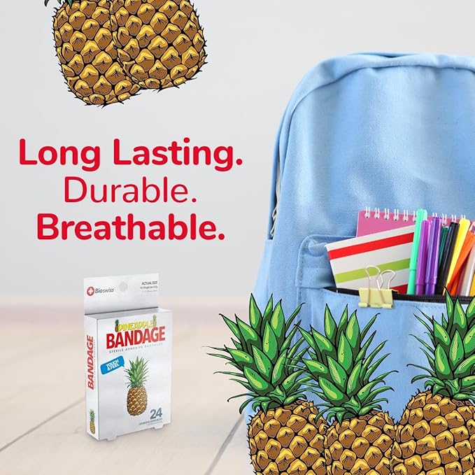 BioSwiss Bandages, Pineapple Shaped Self Adhesive Bandage, Latex Free Sterile Wound Care, Fun First Aid Kit Supplies for Kids, 24 Count